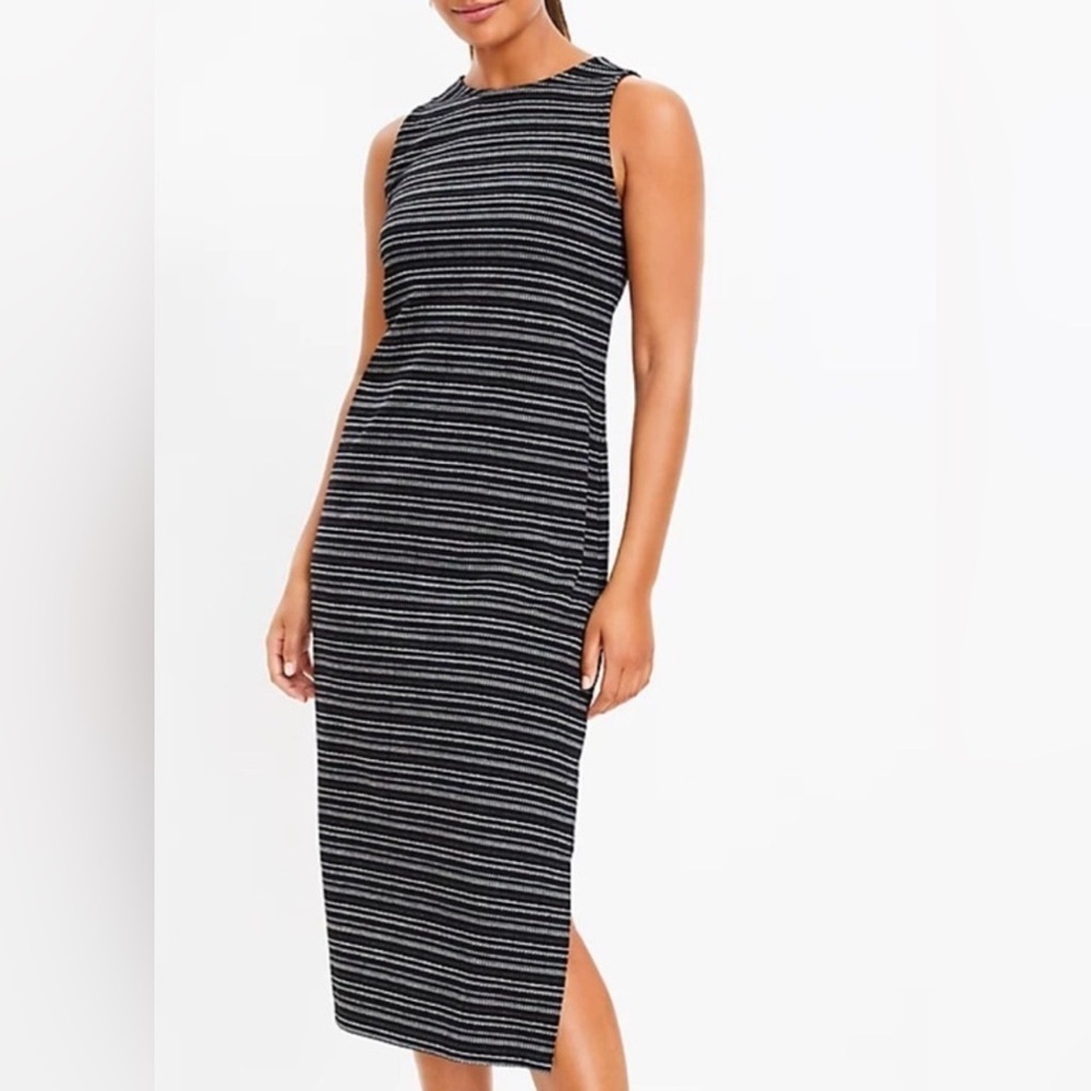 LOFT Jacquard Twist Cutout Back Midi Shift Dress Black Striped Size Small NEW - Picture 2 of 14